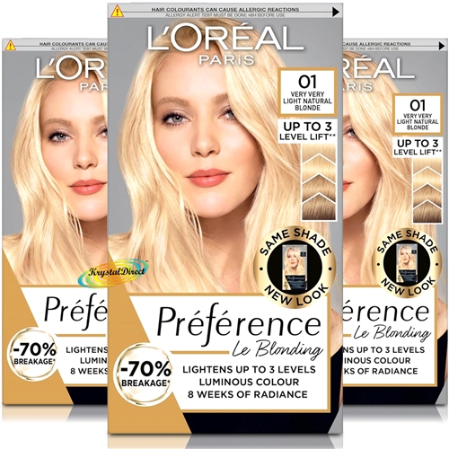 3x Loreal Preference 01 VERY VERY LIGHT NATURAL BLONDE Hair Colour Dye