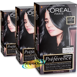 3x Loreal Infinia Preference 1.07 Florence BLACK Permanent Hair Colour Dye