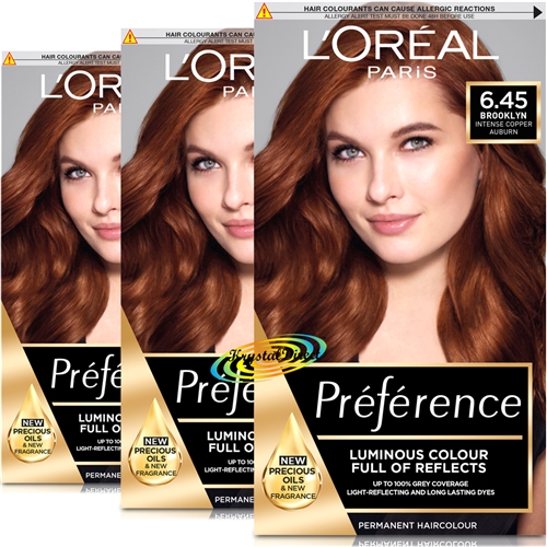 3x Loreal Preference 6.45 Brooklyn INTENSE COPPER AUBURN Permanent Hair Colour Dye