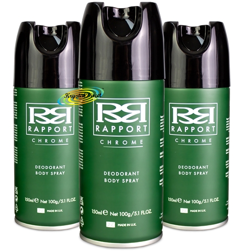 3x Rapport Chrome Long Lasting Masculine Deodorant Body Spray Men 150ml - Green