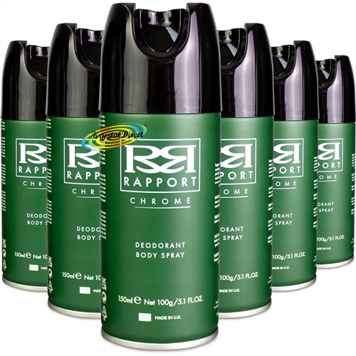 6x Rapport Chrome Long Lasting Masculine Deodorant Body Spray Men 150ml - Green