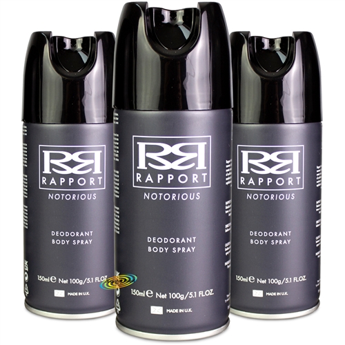 3x Rapport Notorious Long Lasting Masculine Deodorant Body Spray Men 150ml Grey