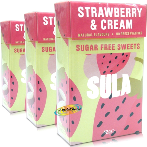 3x Sula Strawbery and Cream Natural Sugar Free Boiled Sweets 42g