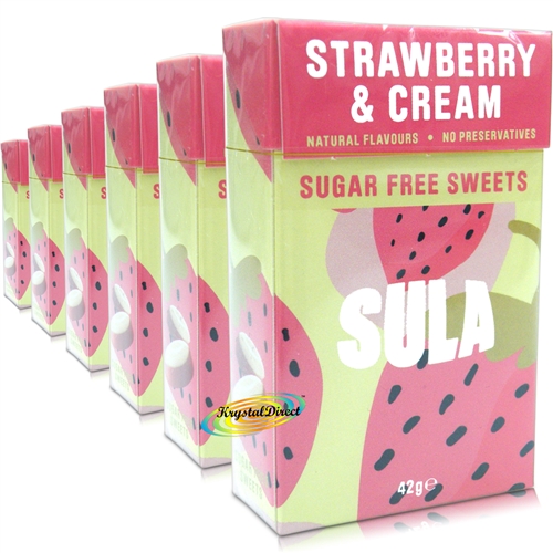 6x Sula Strawbery and Cream Natural Sugar Free Boiled Sweets 42g