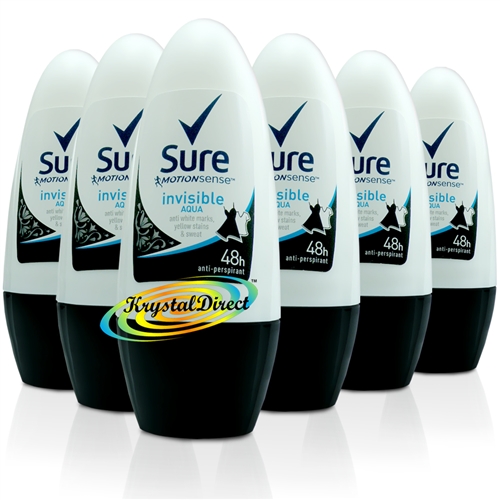 6x Sure Women INVISIBLE AQUA 48Hr Anti-Perspirant Deodorant Roll On 50ml