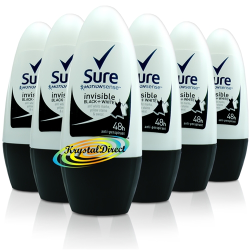 6x Sure INVISIBLE Black + White 48Hr Anti-Perspirant Deodorant Roll On 50ml