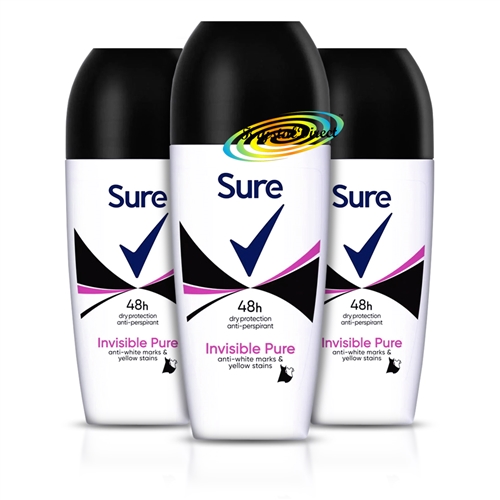 3x Sure Women INVISIBLE PURE 48Hr Anti-Perspirant Deodorant Roll On 50ml