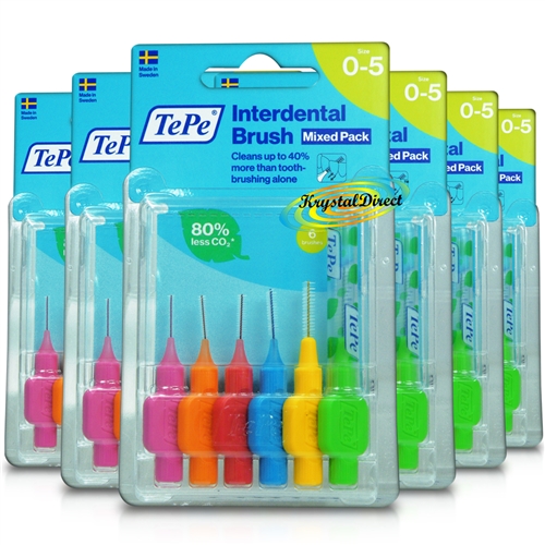 6x Tepe Interdental Brush 0.4mm to 0.8mm ISO size 0-5 Mixed Pack