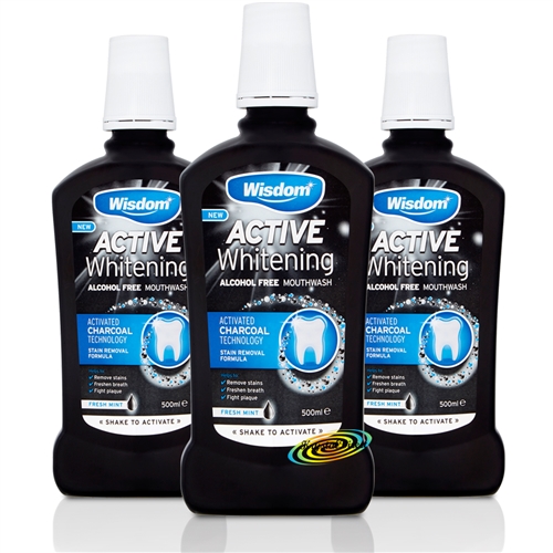 3x Wisdom Active Whitening Activated Charcoal Mouthwash Alcohol Free 500ml