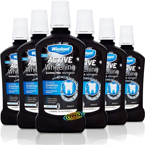 6x Wisdom Active Whitening Activated Charcoal Mouthwash Alcohol Free 500ml