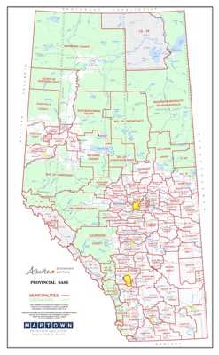 Alberta Provincial Base Map Poster Municipal Districts 1:2,000,000. A detailed 14" x 22" wall base map of Alberta. Shows cities, highways, and the Land Survey system including townships and ranges. This version of the base map shows the Municipal District