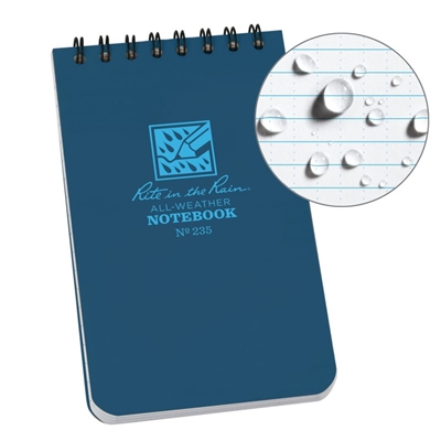 Rite in the Rain - Pocket Top Spiral Blue 3x5. The global standard for tactical waterproof colored notebooks. Protect yourself and your notes by using Rite in the Rain Tactical Pocket Notebooks. These 3" x 5" top spiral notebooks have 100 Universal pages