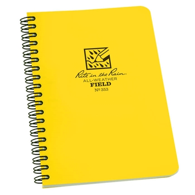 Rite in the Rain FIELD JOURNAL Notebook - Yellow with a side spiral. Made with a Polydura cover and wire-o binding. The 4 5/8 in x 7 in size books also have Field patterns available with numbered pages. 64 pages (32 sheets). This book is waterproof.