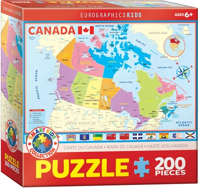 Map of Canada Kids Puzzle 200 Pieces. Finished size: 13" x 19". Discover the vast majestic lands of the Canadian provinces with this colorful and educational Map of Canada. Color coded with capitals and flags. Strong high-quality puzzle pieces. Made from