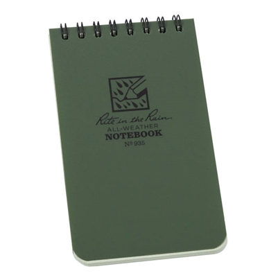 Rite in the Rain - Pocket Top Spiral Green 3x5. The global standard for tactical waterproof colored notebooks. Protect yourself and your notes by using Rite in the Rain Tactical Pocket Notebooks. These 3" x 5" top spiral notebooks have 100 Universal pages