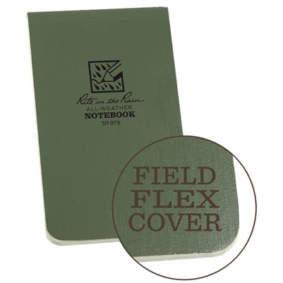 Waterproof Top Bound Memo Notebook Green 3x5. Field Flex is our most flexible cover material. The paper-based stock is tough enough to withstand the harshest and wettest conditions yet can be torn like heavy paper. As it is paper-based, it can be recycled