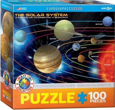 The Solar System 100 Piece puzzle. Finished size 13" x 19". Kids will love playing with this educative jigsaw puzzle presenting the planets of our solar system. Strong high-quality puzzle pieces. Made from recycled board and printed with vegetable based i