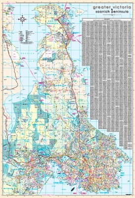 Greater Victoria & Saanich Peninsula wall map. Extending north from Victoria, the Saanich Peninsula, it is bounded by Saanich Inlet on the west, Satellite Channel on the north, the small Colburne Passage on the northeast, and Haro Strait on the east. Show