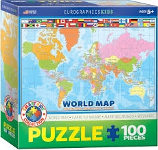 World Map Puzzle for Kids. This Eurographic puzzle is a great learning tool for kids 5 years and up. Colorful with countries labelled for learning. Also shows flags for several countries. 100 pieces.