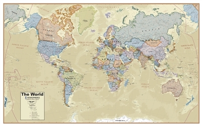 Executive Boardroom World Wall Map - laminated. This world map has each country in a different color, has lots of detail and contains great detail including the capitals and populations of different countries. This map comes laminated and measures 38 inch