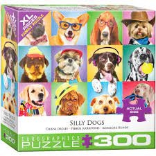 Silly Dogs Puzzle - 300 pieces. A prefect gift for the child who loves dogs, especially those who like to see these canines dressed up in funny ways. Excellent quality. 300 piece puzzle.