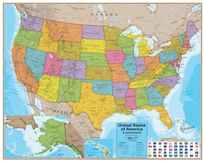 USA Wall Map with Flags - Laminated. This political style United States map comes laminated. Each state is represented in a different color. Every state flag is represented on the map. The maps shows capitals, cities, populations, and major interstate roa