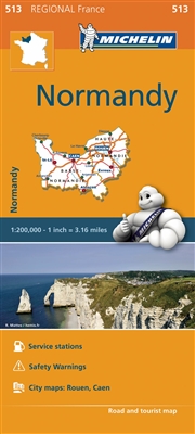 Normandy France travel & road map by Michelin. This map will provide you with an extensive coverage of primary, secondary and scenic routes for this French region. Includes city maps of Rouen and Caen. In addition to Michelin's clear and accurate mapping,