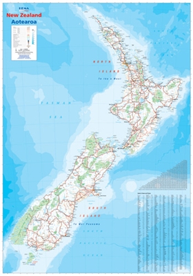 New Zealand - Large Wall Map. This map is very detailed and includes an index for towns and places. Shows both the north and south islands.  Includes a mileage chart and place names. Nice coloring with a decorative border. With a population of only 5 mill