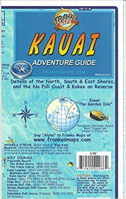 Kauai Hawaii - Travel & Guide Map. This waterproof guide map includes detailed information including snorkeling, horseback riding, parks, coastal cruises, and birding. The reverse of this map includes detailed insets of the North Shore, East Shore, Na Pal