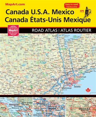 Canada, USA & Mexico travel road atlas. Detailed road maps of Canada, United States & Mexico. Map features include roads scenic parkways, highways, toll expressways, local roads and more. Distances in kilometers and miles, cumulative distances, Ferries, B