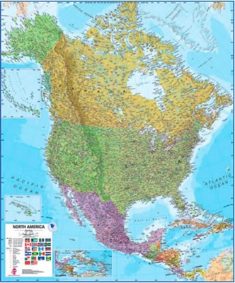 North America Wall Map with Flags. This political wall map of North America features countries of Canada, the USA, Mexico along with many in Central America. Each country is shown in different colours, international boundaries and major transport networks