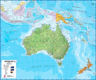 Australia & New Zealand Political Wall Map - Australasia.  This political wall map of Australia features countries marked in different colors, with international borders clearly shown. The map key shows the flags from the countries displayed in this map.