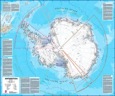 Antarctica Wall Map LARGE. Our Antarctica map includes information from the British Antarctic Survey on scientific research. Information on Antarcticas climate and resources is included and as you would expect with a political map, the territory division