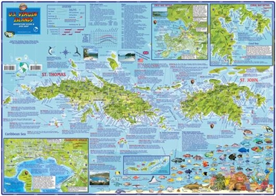 US Virgin Islands Travel Map. This waterproof map displays St. Thomas & St. John on one side of the map, while St. Croix is on the reverse. Information includes: scuba diving, snorkeling, boating, fishing, beaches, exploring, accommodations, and historica