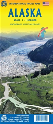 Alaska Travel & Road Map. The map is printed double-sided, with the northern portion on one side and the Aleutian Islands, Kenai Peninsula, and the panhandle on the other. Apart from roads and ferry routes, major attractions, parks and hiking areas are in