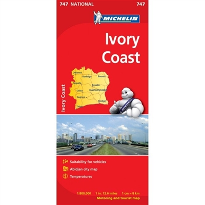 Ivory Coast of Africa Travel & Road Map. Michelin maps show features in shaded relief maps with some spot elevations. The roads are high lighted, with road numbers and distances well marked. Multilingual legends show points of interest such as historic si