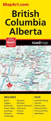 BC & Alberta travel road map. Includes regional maps of Banff, Calgary, Edmonton, Fraser Valley, Kelowna, Lethbridge, Nanaimo, Red Deer, Saanich Peninsula, Vancouver, Victoria and Whistler. Detailed indices make for quick and easy location of destinations