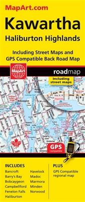 Algonquin Park, Kawartha, Haliburton Highlands Street Map. Full color 28" x 40" which includes town maps for Bancroft, Barry's Bay, Bobcaygeon, Campbellford, Fenelon Falls, Haliburton, Havelock, Madoc, Marmora, Minden, and Norwood.