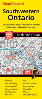 SW Ontario travel & road map. GPS Compatible Highly detailed map of the complete regional road network for South Western Ontario, coverage from Windsor to Guelph to Tobermory and includes Manatoulin Island. This map comes folded.