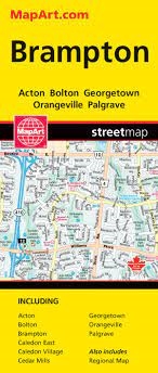 Brampton Ontario Travel & Road Map.  Includes the communities of Acton, Bolton, Brampton, Caledon East, Caledon Village, Cedar Mills, Georgetown, Orangeville, Palgrave. Also includes a regional map of the area. Folded maps have been the trusted standard f
