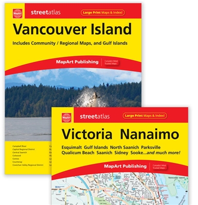 Vancouver Island Travel Road Atlas. Includes communities of: Campbell River, Central Saanich, Chemainus, Colwood, Comox, Comox Valley Regional District, Courtenay, Cowichan Valley Regional District, Crofton, Cumberland, Duncan, East Sooke, Esquimalt, High
