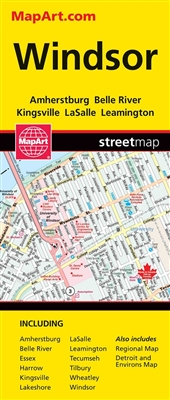 Windsor Ontario & area street map. Includes communities of: Amherstburg, Belle River, Essex, Harrow, Kingsville, Lakeshore, LaSalle, Leamington, Tecumseh, Tilbury, Wheatley and Windsor. Map features include a regional map Detroit and Environs Map, Parks,