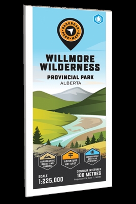 Willmore Wilderness Provincial Park Waterproof Map. This map provides a comprehensive overview of the Willmore Wilderness Provincial Park and surrounding areas in Alberta, Canada. It includes an array of features such as highways, logging roads, land and