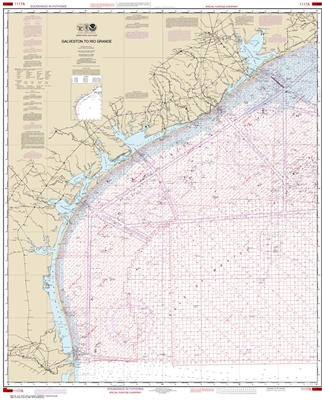 NOAA Chart 1117A. Nautical Chart of Galveston to Rio Grande - Oil and Gas Lease Areas - Gulf of Mexico. NOAA charts portray water depths, coastlines, dangers, aids to navigation, landmarks, bottom characteristics and other features, as well as regulatory,
