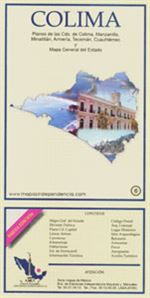 Colima Mexico State Travel Map. Covers Colima, Manzanillo, Minatitlan, Armeria, Tecoman and Cuauhtemoc. Includes tourist information, postal codes, archaeological sites, airports, and a driving distance chart. This map is in Spanish.