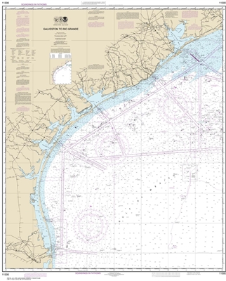 NOAA Chart 11300. Nautical Chart of Galveston to Rio Grande - Gulf of Mexico. NOAA charts portray water depths, coastlines, dangers, aids to navigation, landmarks, bottom characteristics and other features, as well as regulatory, tide, and other informati