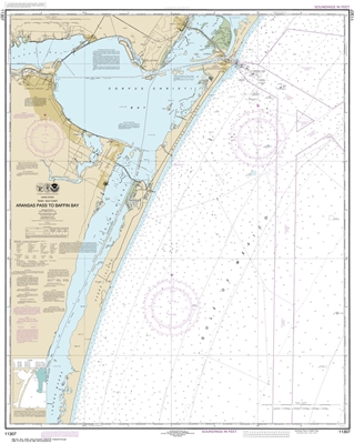 NOAA Chart 11307. Nautical Chart of Aransas Pass to Baffin Bay - Gulf of Mexico. NOAA charts portray water depths, coastlines, dangers, aids to navigation, landmarks, bottom characteristics and other features, as well as regulatory, tide, and other inform