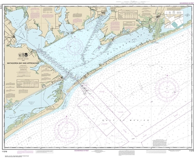 NOAA Chart 11316. Nautical Chart of Matagorda Bay and approaches - Gulf Coast. NOAA charts portray water depths, coastlines, dangers, aids to navigation, landmarks, bottom characteristics and other features, as well as regulatory, tide, and other informat