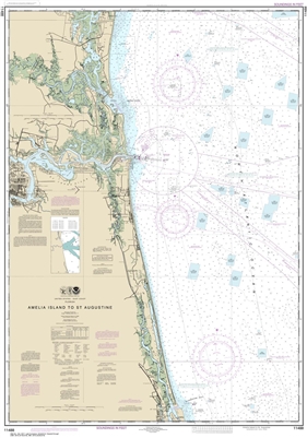 NOAA Chart 11488. Nautical Chart of Amelia Island to St Augustine - Gulf Coast. NOAA charts portray water depths, coastlines, dangers, aids to navigation, landmarks, bottom characteristics and other features, as well as regulatory, tide, and other informa