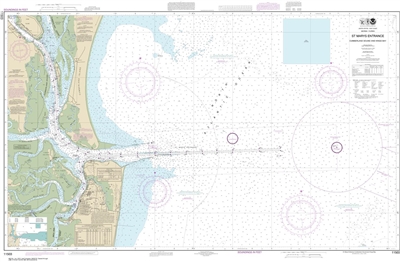 NOAA Chart 11503. Nautical Chart of St Marys Entrance Cumberland Sound and Kings Bay - East Coast. NOAA charts portray water depths, coastlines, dangers, aids to navigation, landmarks, bottom characteristics and other features, as well as regulatory, tide